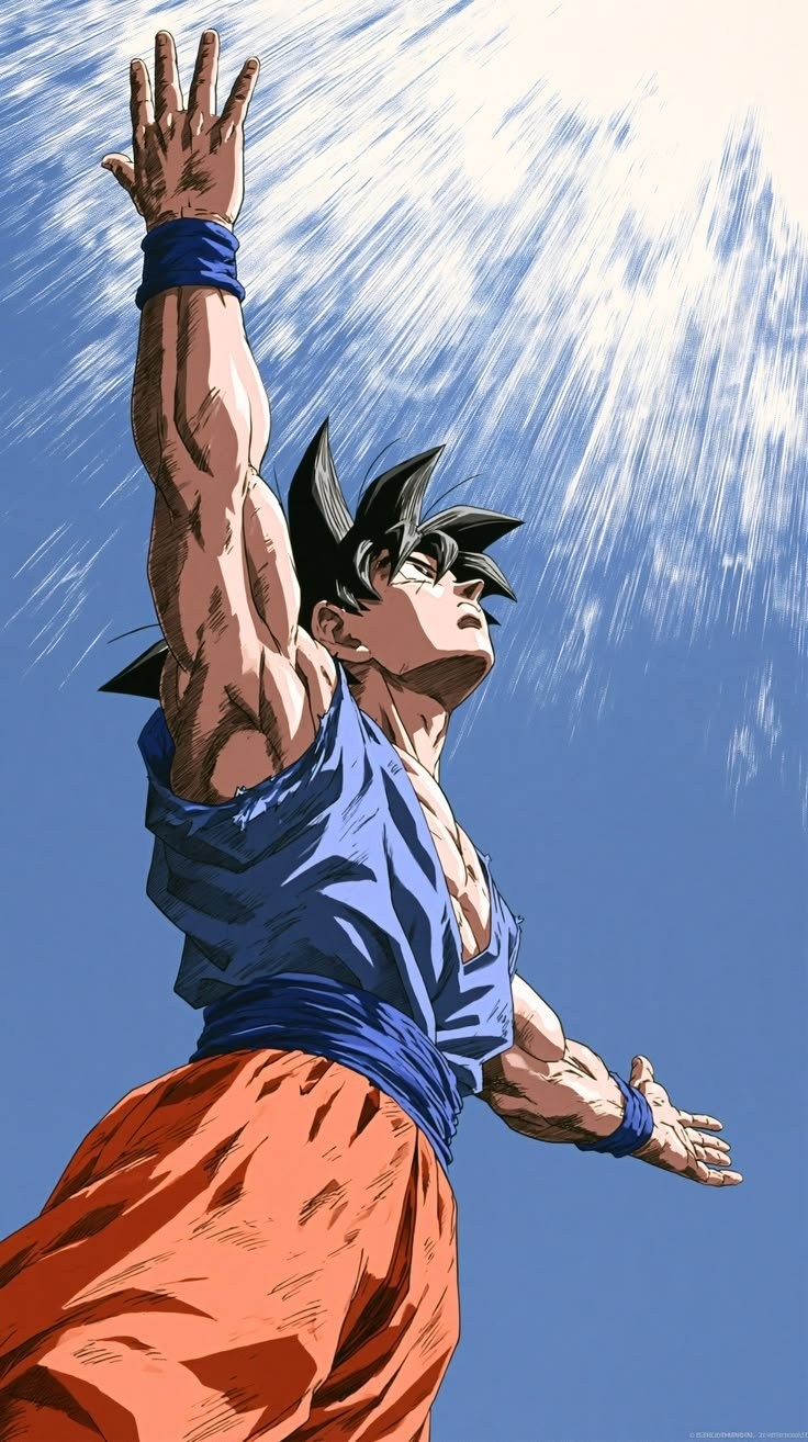 Muscular black-haired man in torn blue sleeveless gi and orange pants raises arms skyward