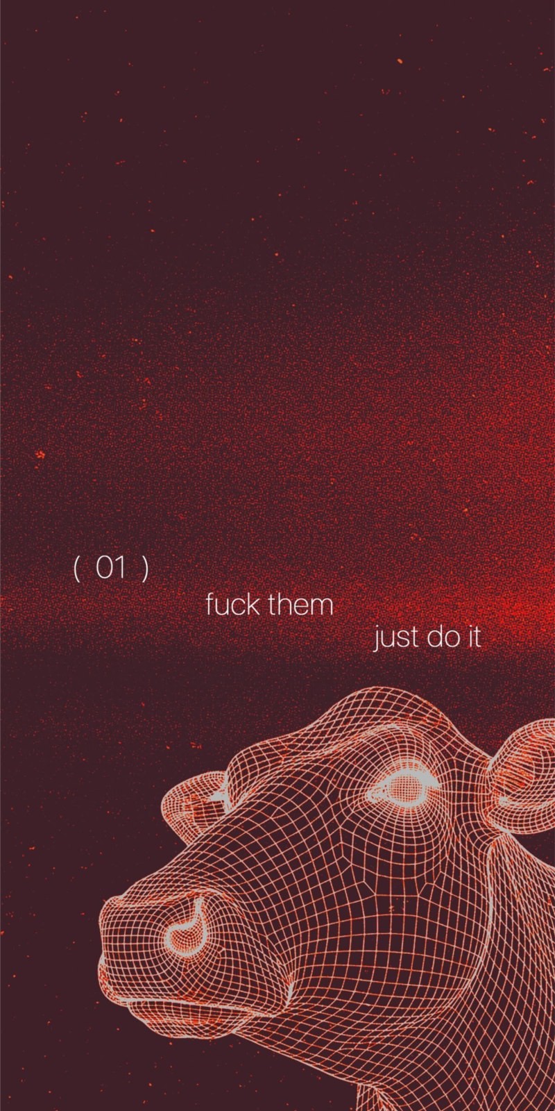 Minimalistische Cyberpunk-Digitalkunst mit dunkelrotbraunem Hintergrund, roten digitalen Partikeln, orangefarbenem 3D-Drahtgitter-Löwenprofil und weißem Text „(01)“, „fuck them“, „just do it“ in der Mitte