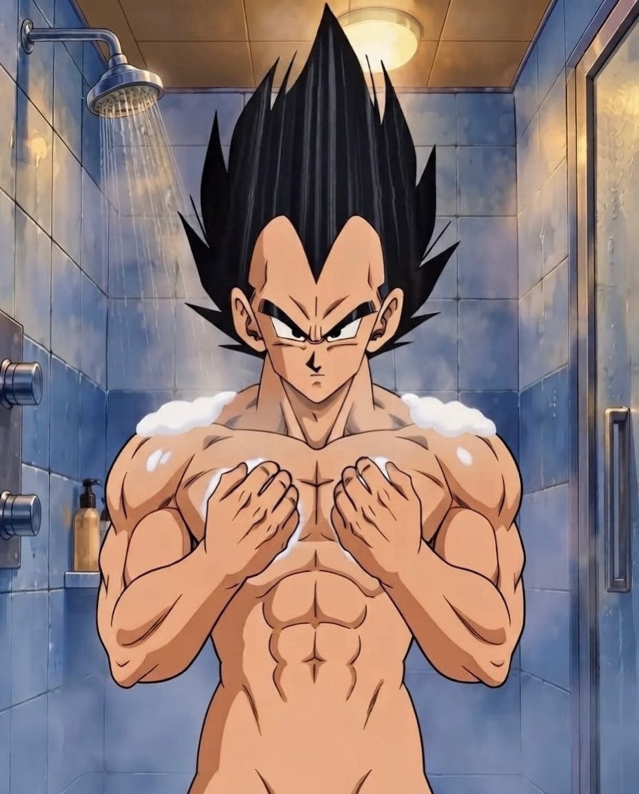 رجل عضلي أنمي يستحم