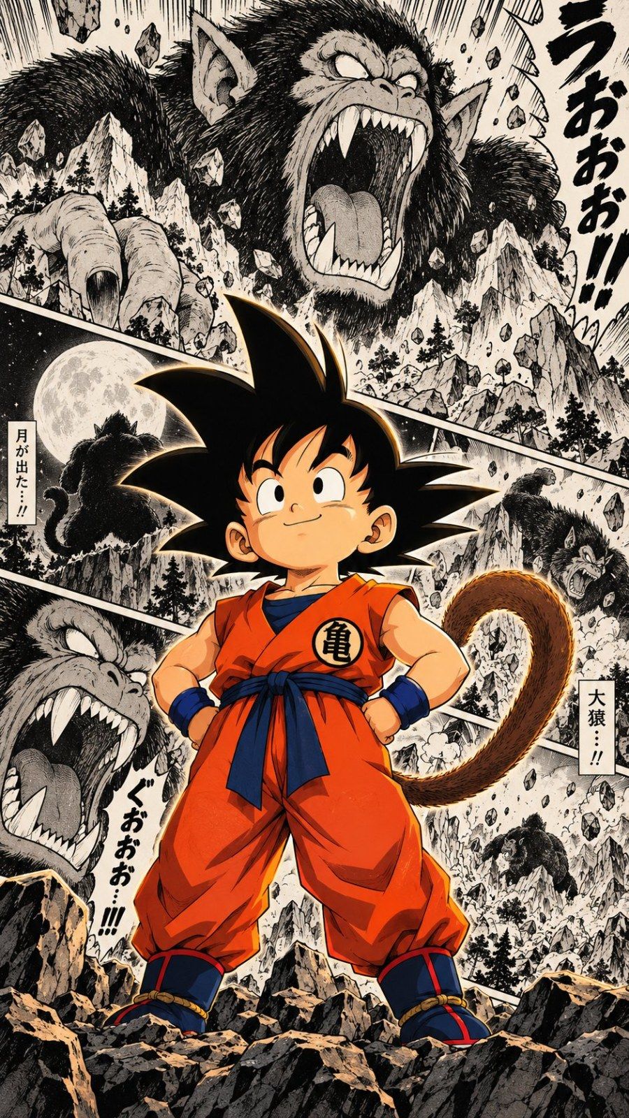 A boy in an orange martial arts uniform stands on a rock while a giant ape roars in the background