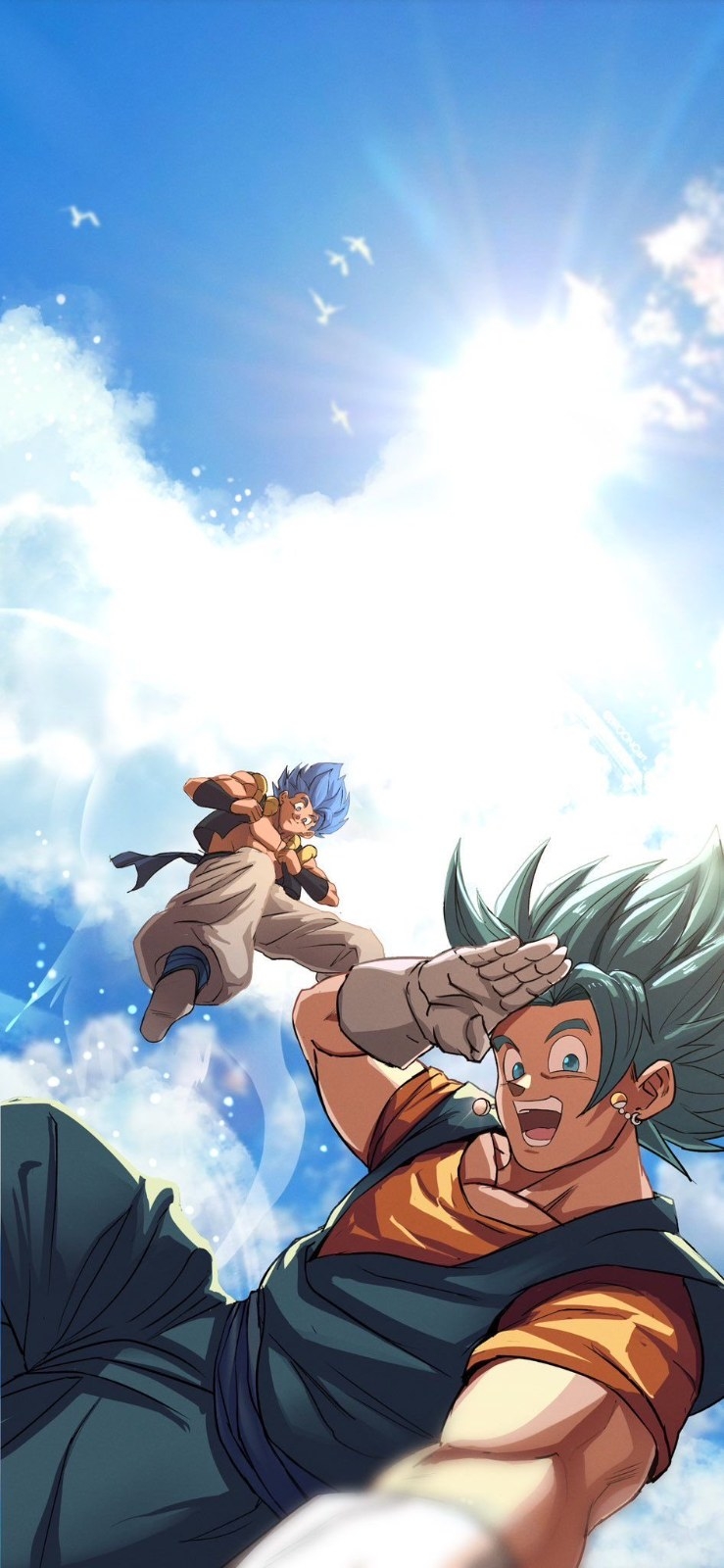 Guerreiros de cabelo verde e azul posando dinamicamente sob céu azul
