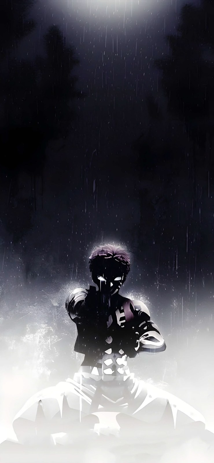 短髪の戦士が雨に跪き鎧が光る
