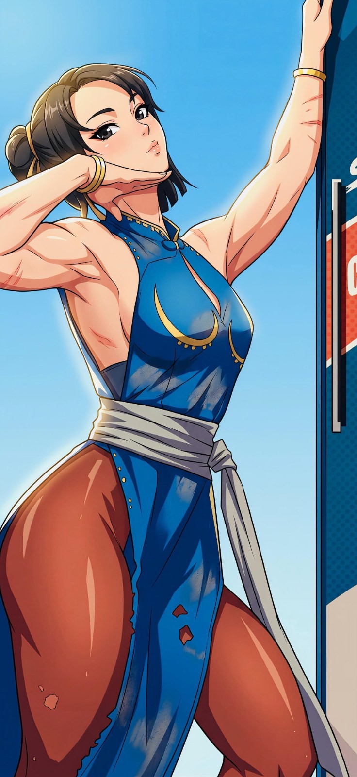 Muscular woman in blue qipao leans on wall chin in hand