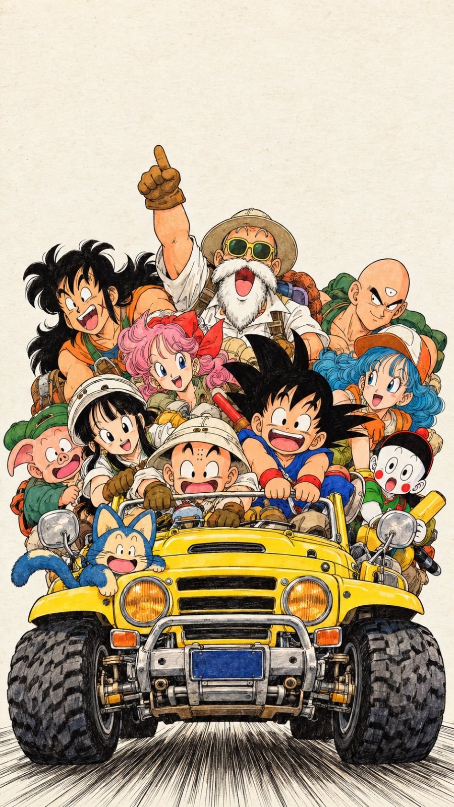 A bright yellow off-road vehicle carries multiple cartoon characters