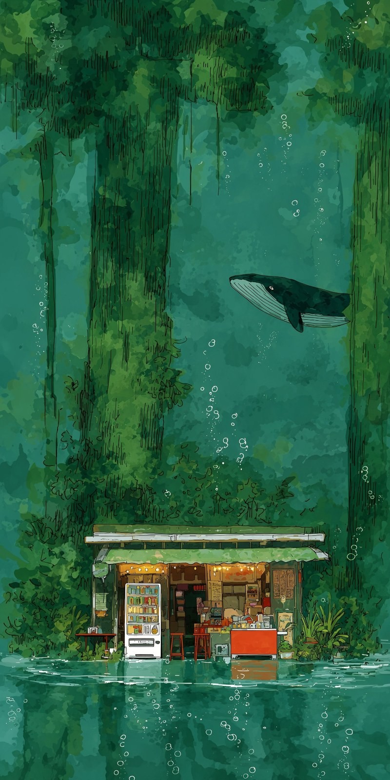 General store by water in deep green forest, whale floating above