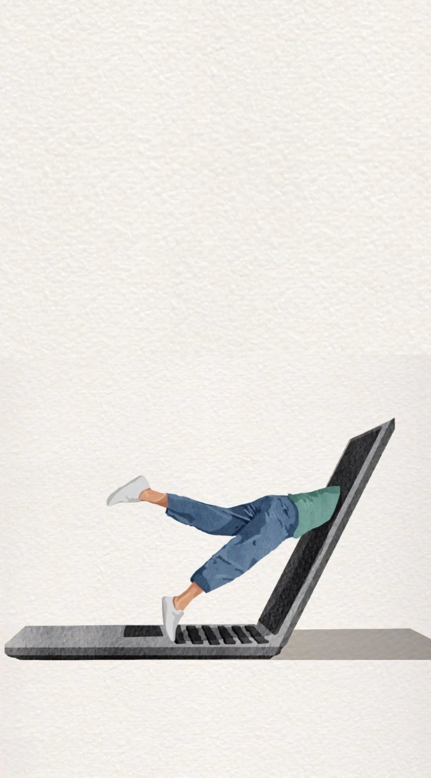 Surreal illustration: person diving headfirst into laptop screen, green top, blue jeans, white shoes, one foot on keyboard