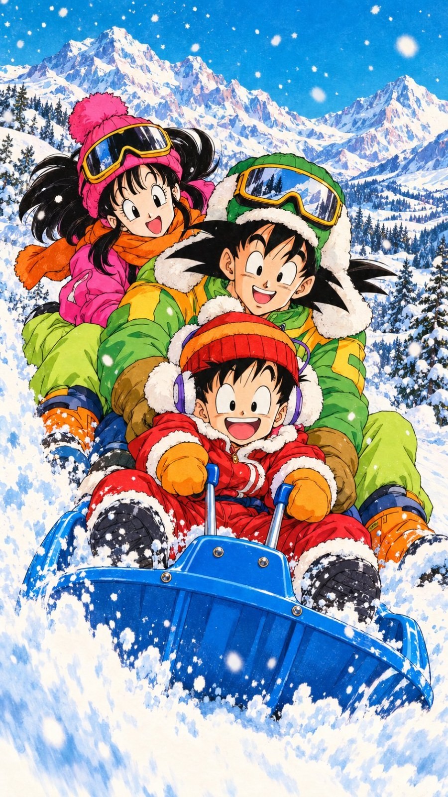 Three animated characters in bright winter outfits are riding a blue sled in the snow