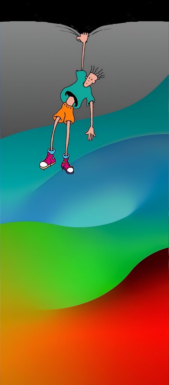 Schlanke Cartoon-Figur hängt aus einem schwarzen Spalt