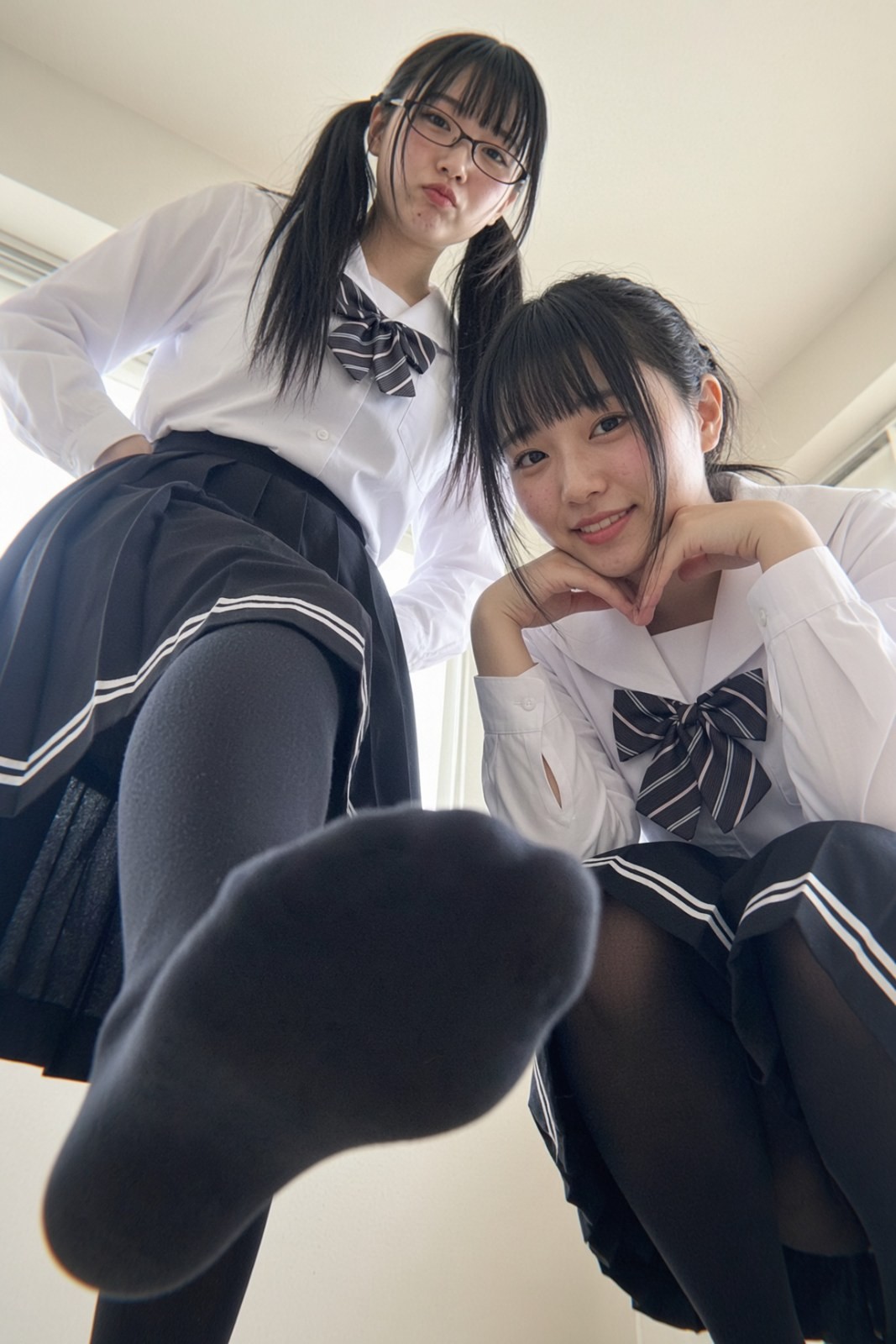 Two girls in Japanese school uniforms are posing for a photo
