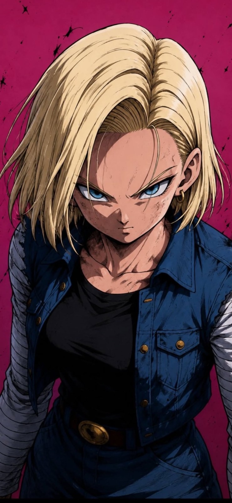 A blonde female character in a black top and denim vest with a stern expression