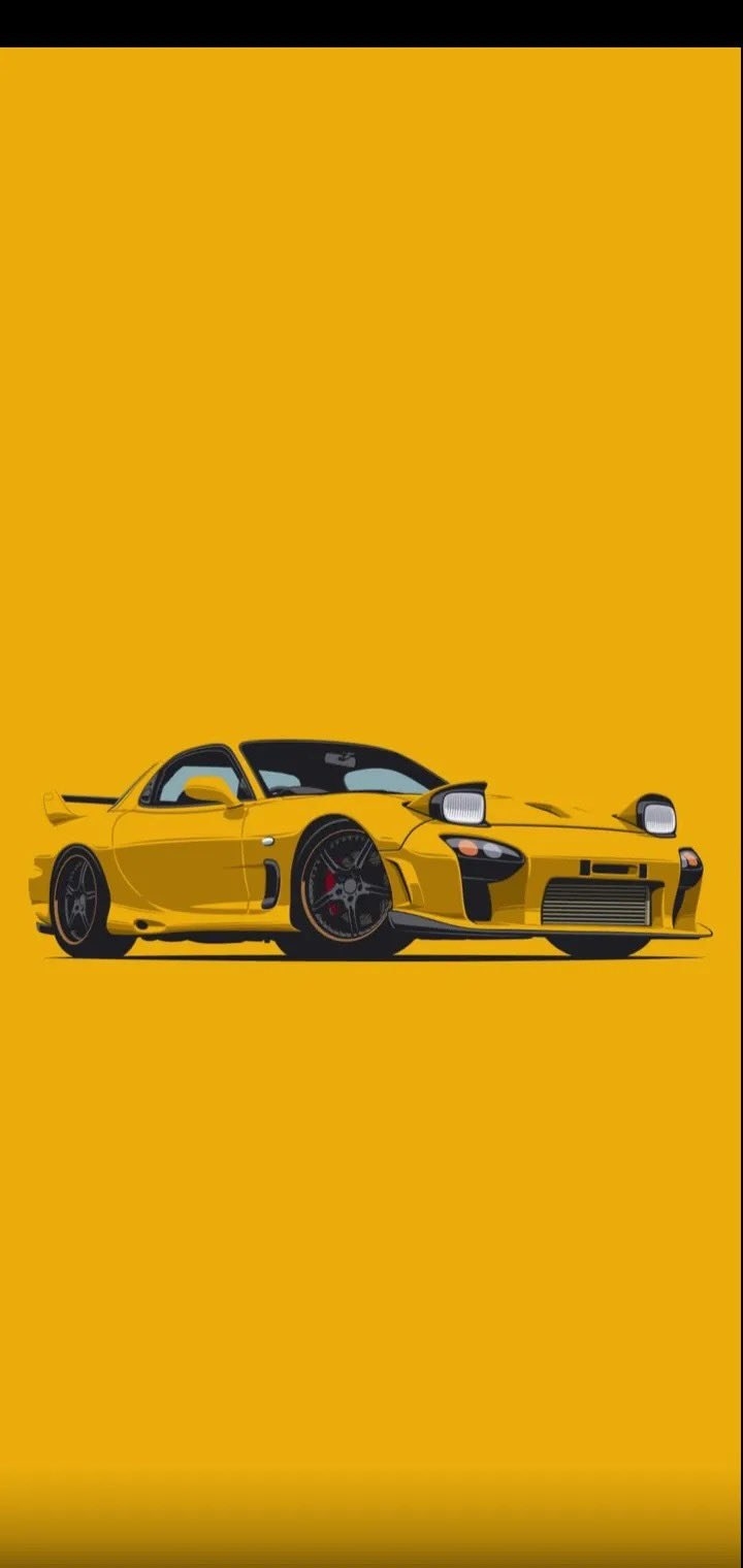 Bright yellow modified sports car side view flat vector style