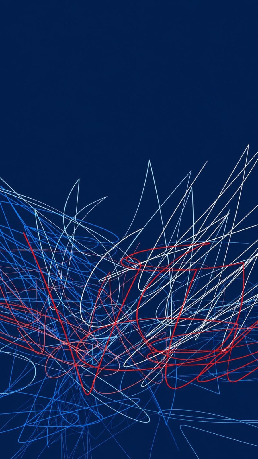 Abstract glowing network of thin red and white light trails interwoven on dark blue background