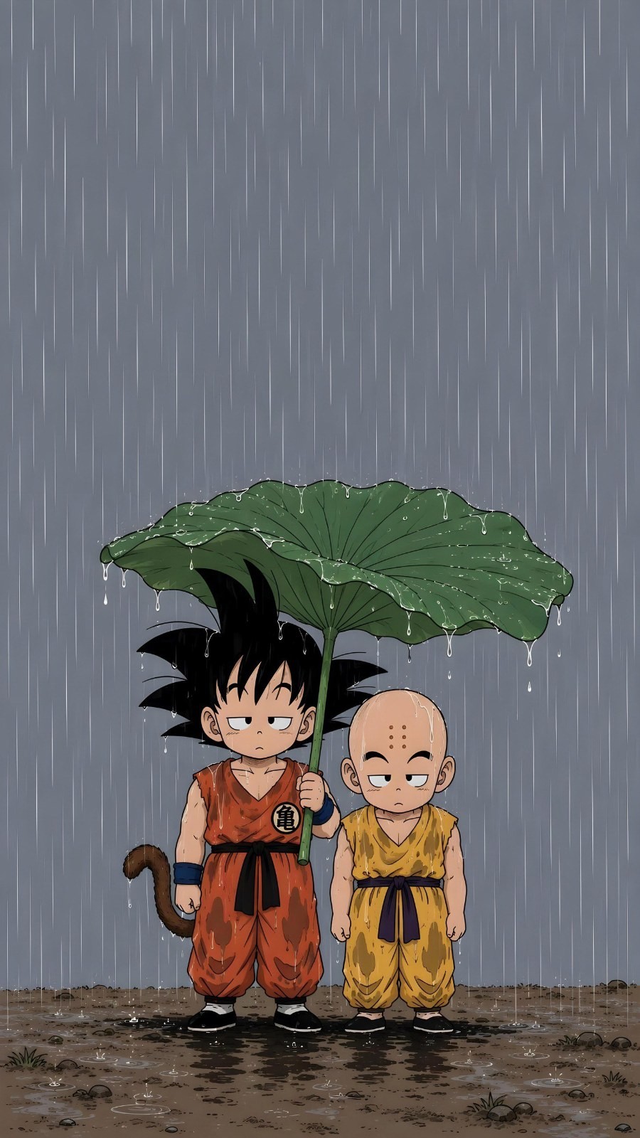 Two kids in martial arts uniforms stand together in rain as Goku holds a lotus leaf umbrella