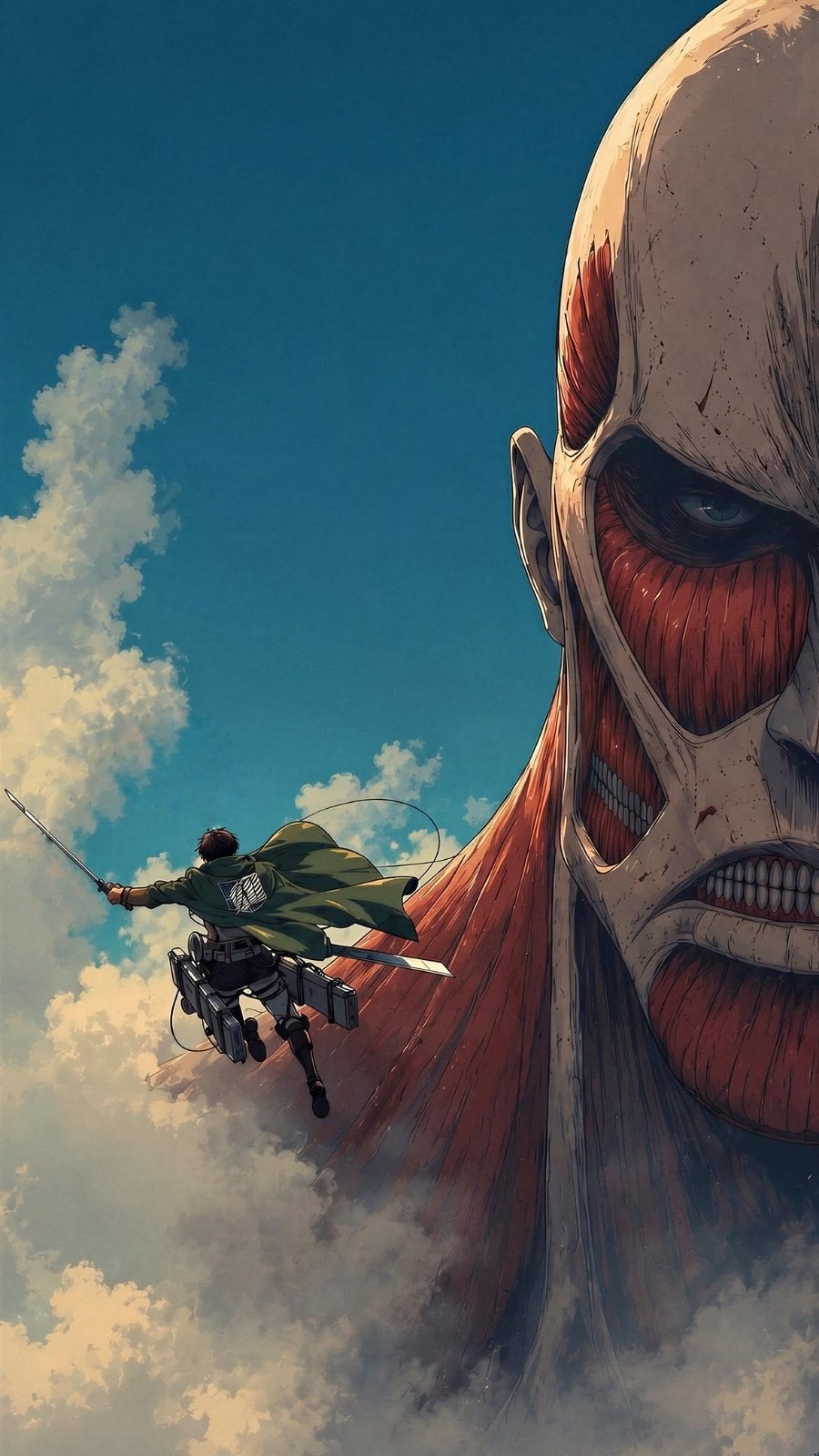 A warrior in a green cloak leaps towards a giant face wielding dual knives