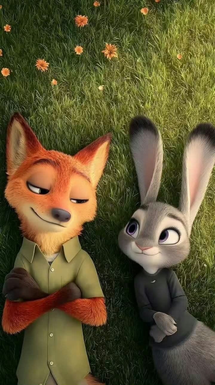 An orange-red fox and a gray-blue rabbit lie side by side on the grass