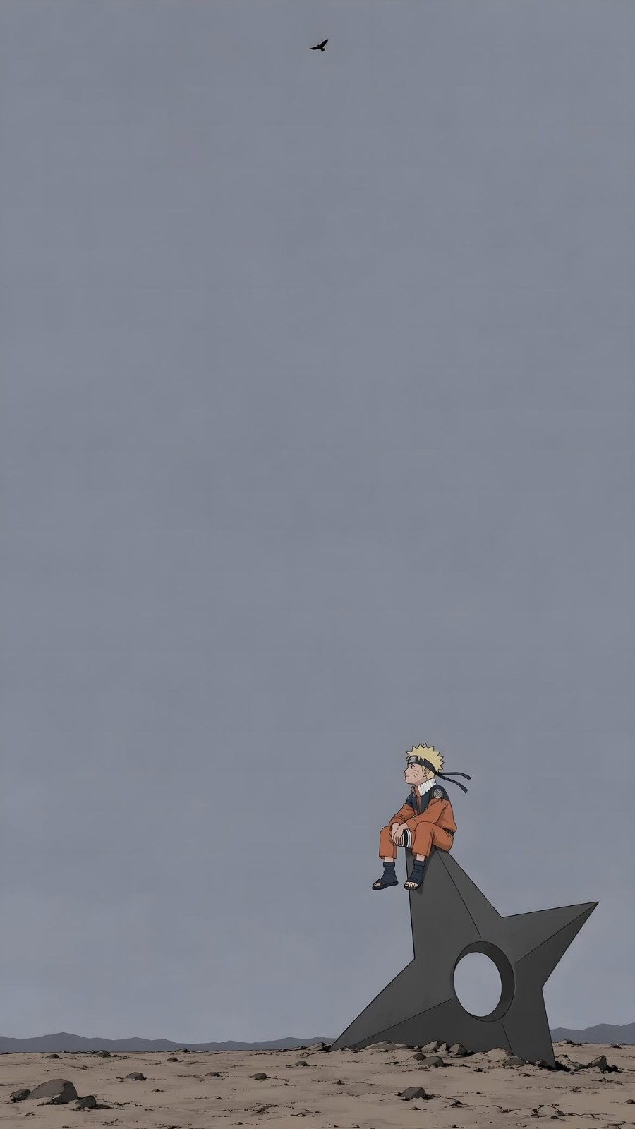 A blonde boy in orange clothes and dark blue sandals sits atop a giant shuriken sculpture gazing at the sky