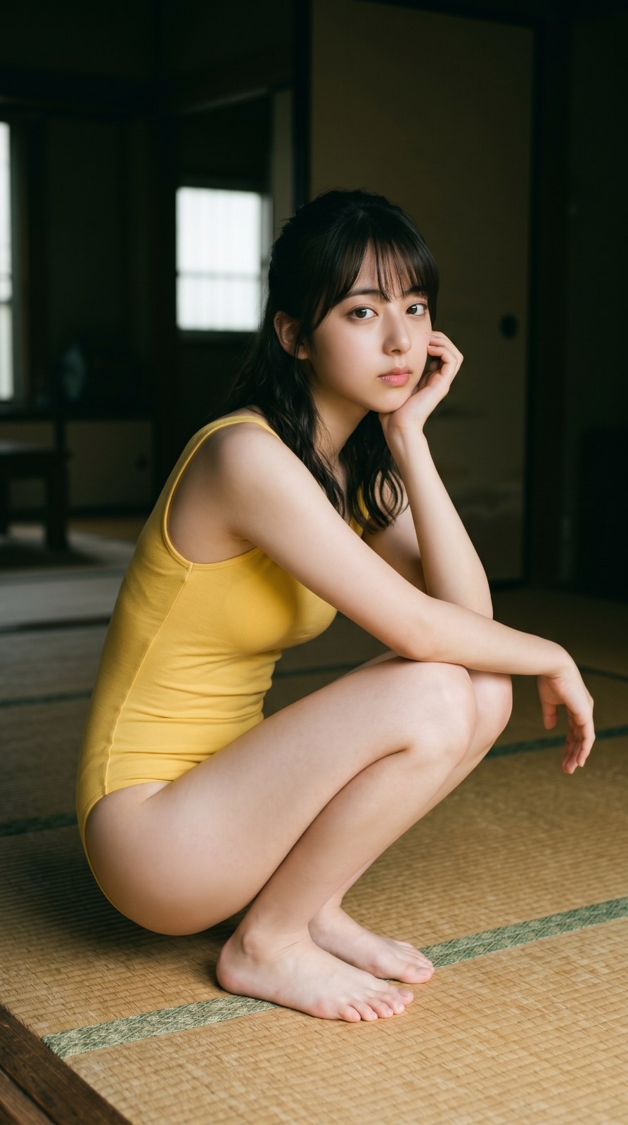 A young woman in a bright yellow sleeveless bodysuit is squatting on a Japanese tatami
