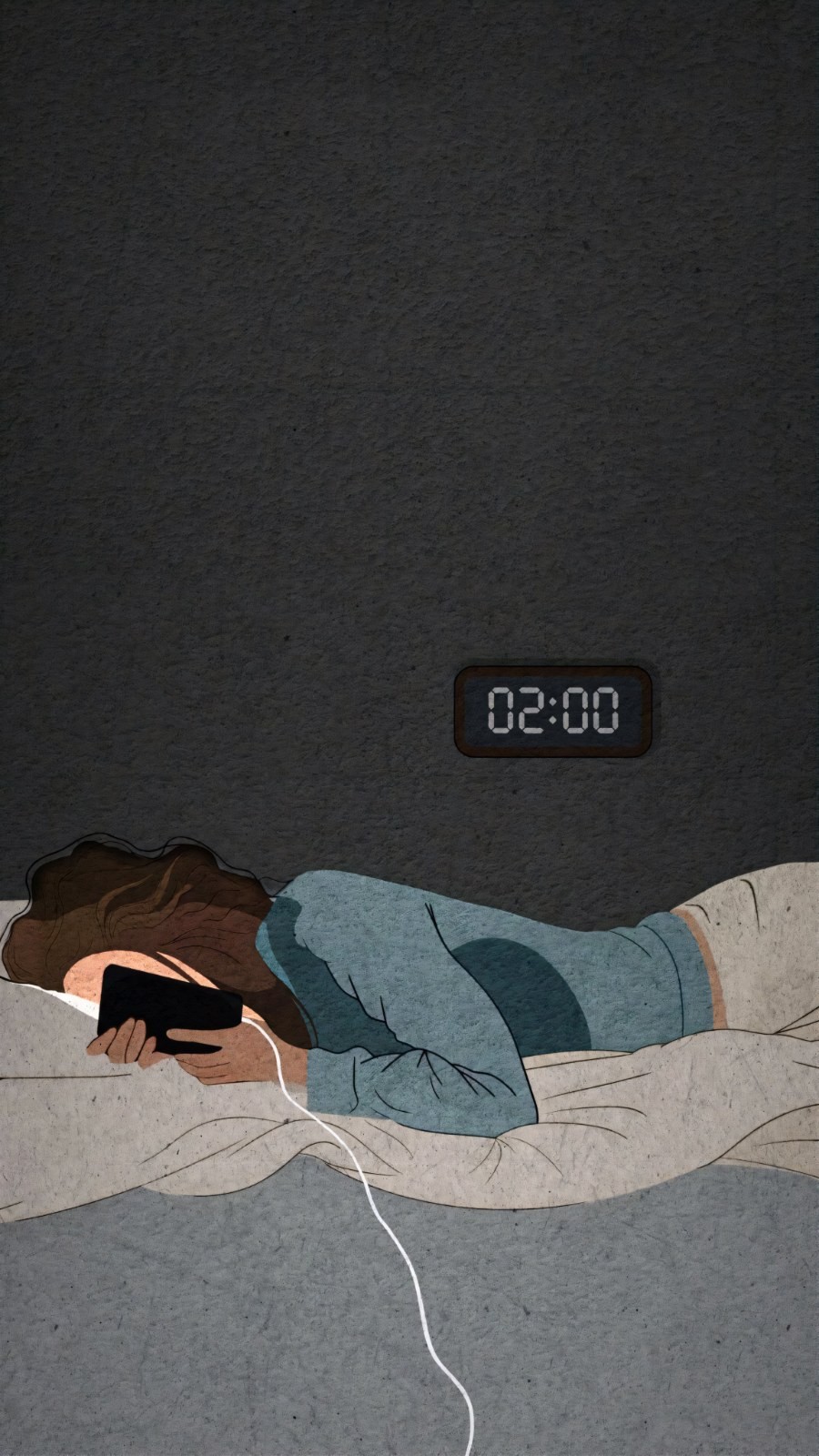 Person in Blau zusammengerollt im Bett mit leuchtendem Handy um 2 Uhr