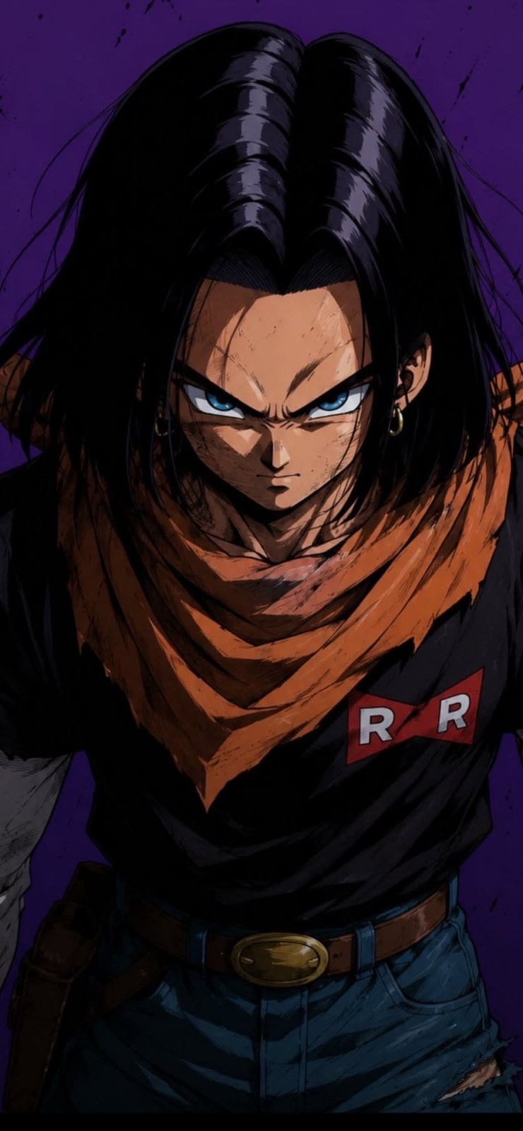 A black-haired male character wears a black top and blue jeans with scars and dirt on his face
