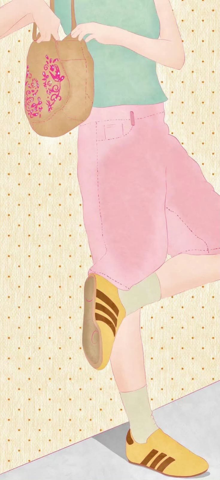 Person in mintgrünem ärmellosem Top und rosa weitem Hose steht auf einem Bein mit gelben Sneakers und brauner gemusterter Tasche