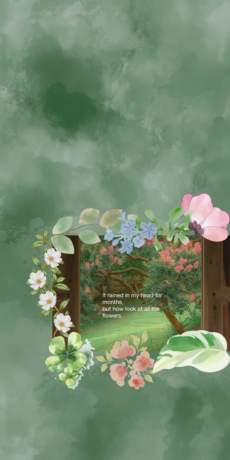 Open dark wood window on light green ink wash background, lush garden outside, watercolor illustration style, healing and poetic