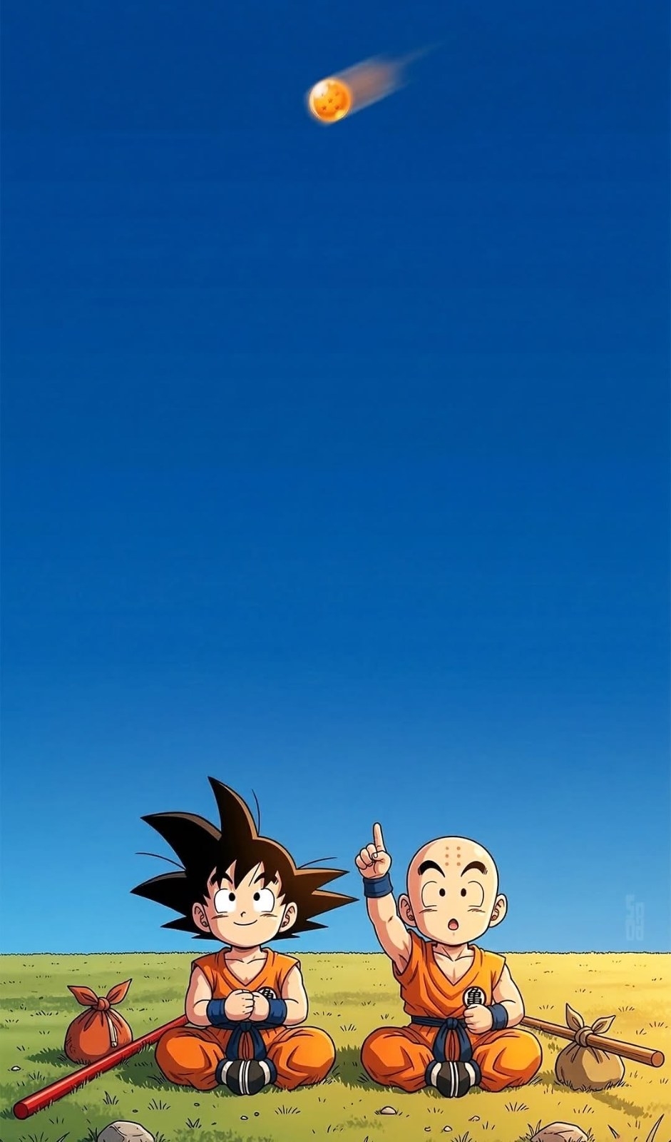 Two children in orange gi sit on grass as an orange orb streaks across the sky