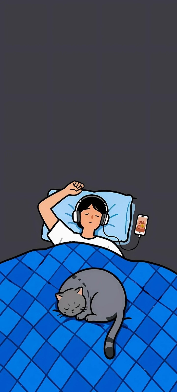 A short-haired person lies on a blue pillow enjoying music while a gray cat sleeps on the blanket