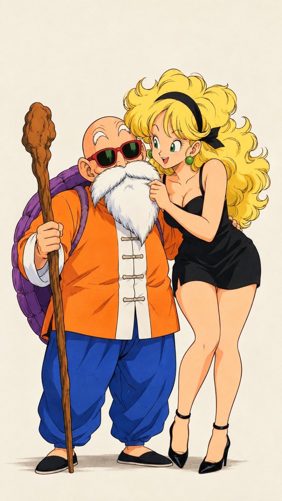 A retro Japanese animation style illustration of an old man and a young woman