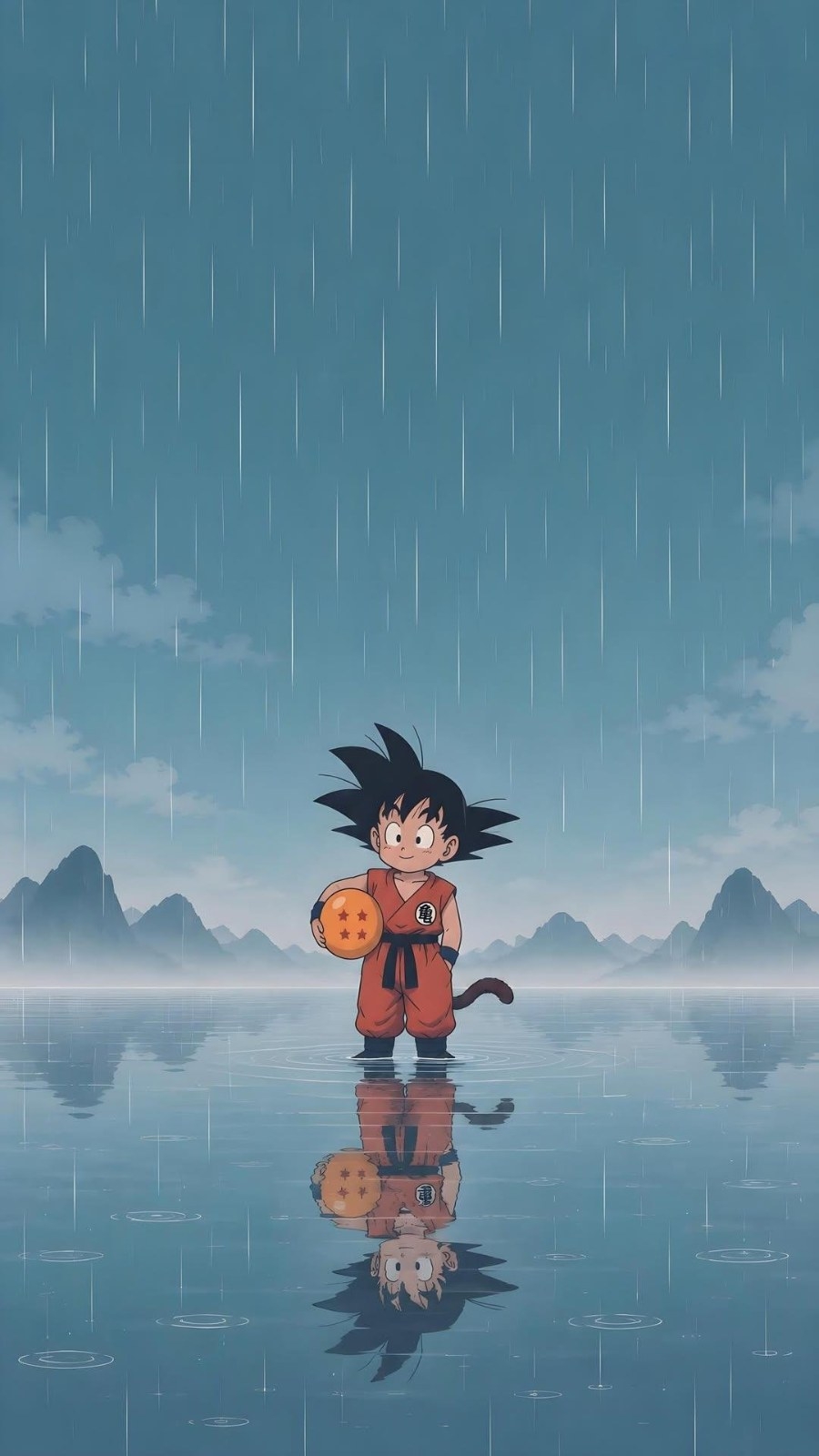 A cartoon boy in an orange martial arts uniform stands in the rain holding a ball