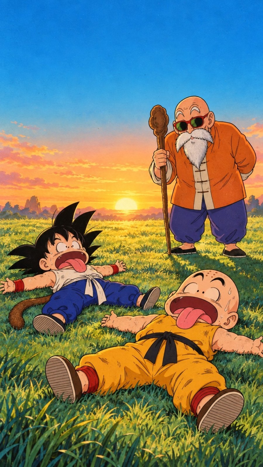 Two boys are resting on the grass under the sunset while an old man smiles at them