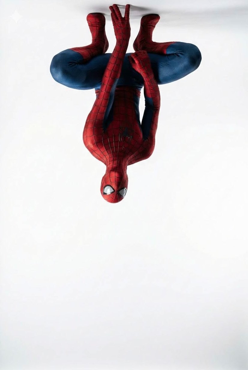 A character in a classic red and blue checkered bodysuit is suspended from a white ceiling