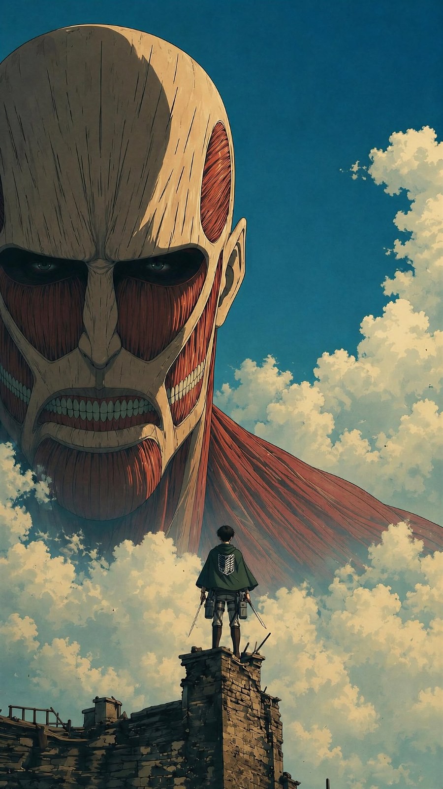 A soldier gazes up at a skinless giant in ruins