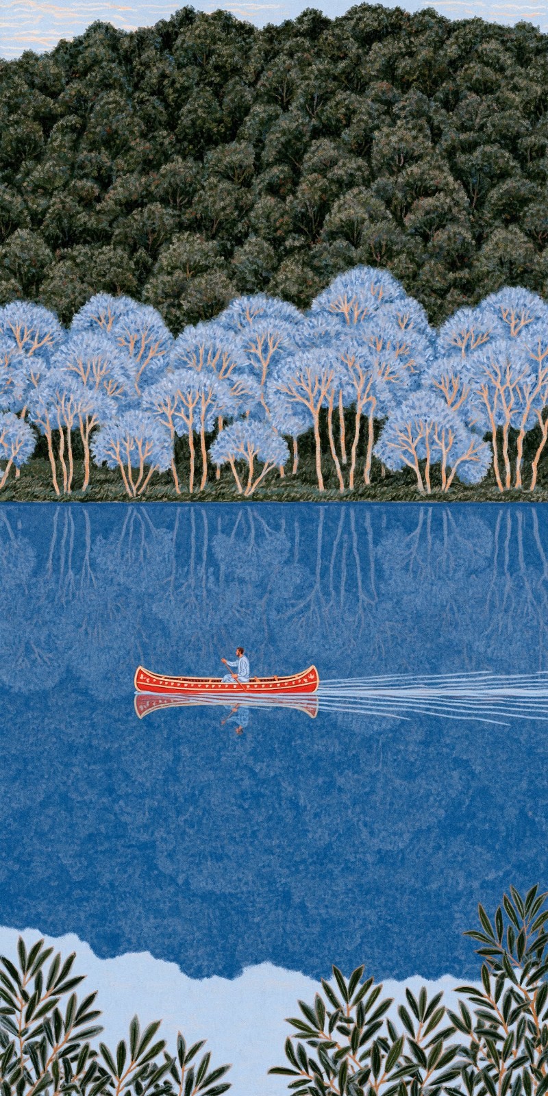 Person in light clothes paddles red canoe across deep blue lake