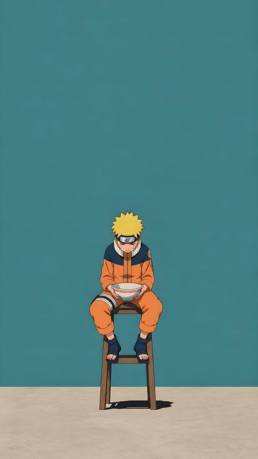 A blonde boy wears an orange jumpsuit and blue sandals, holding a white bowl while sitting on a high stool