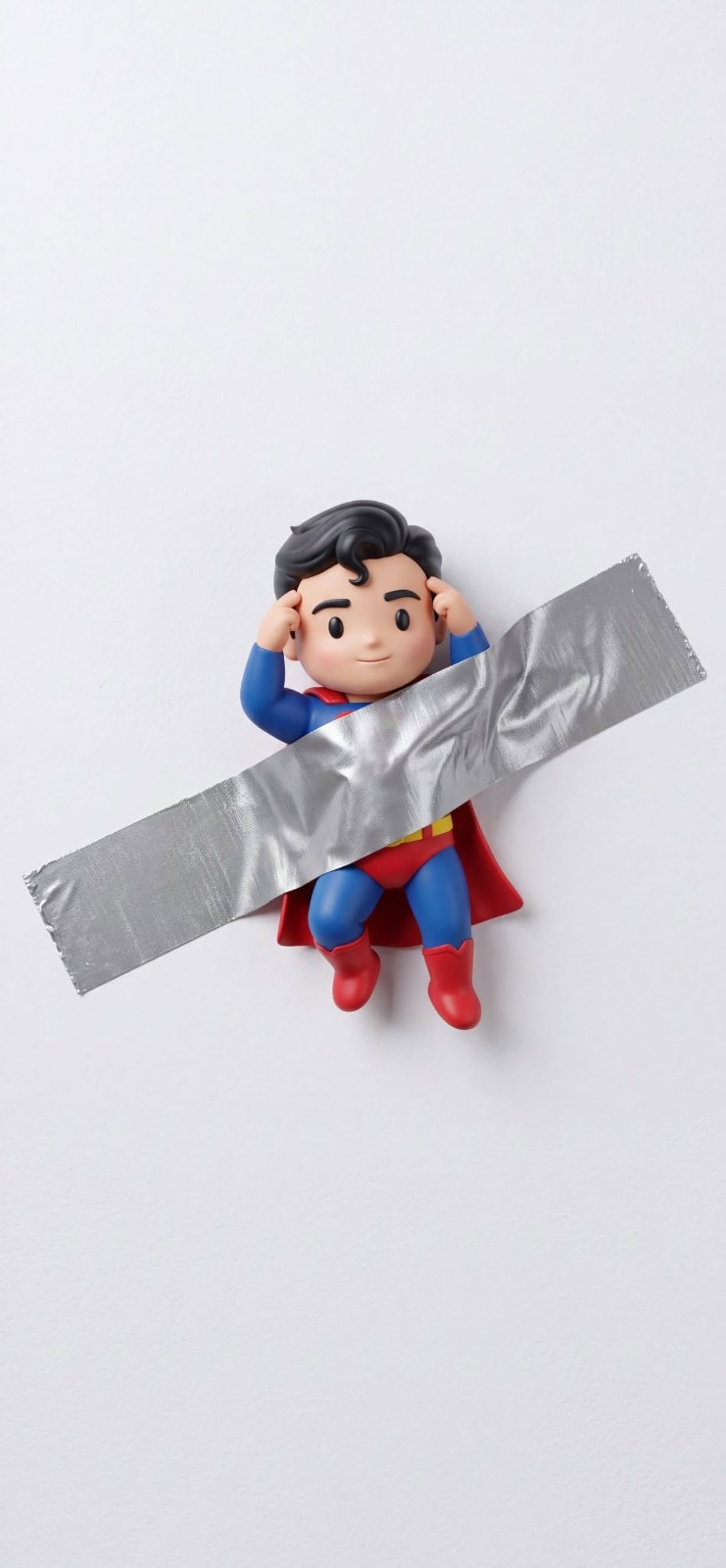 Action figure herói chibi de roupa azul e capa vermelha amarrado com fita prateada