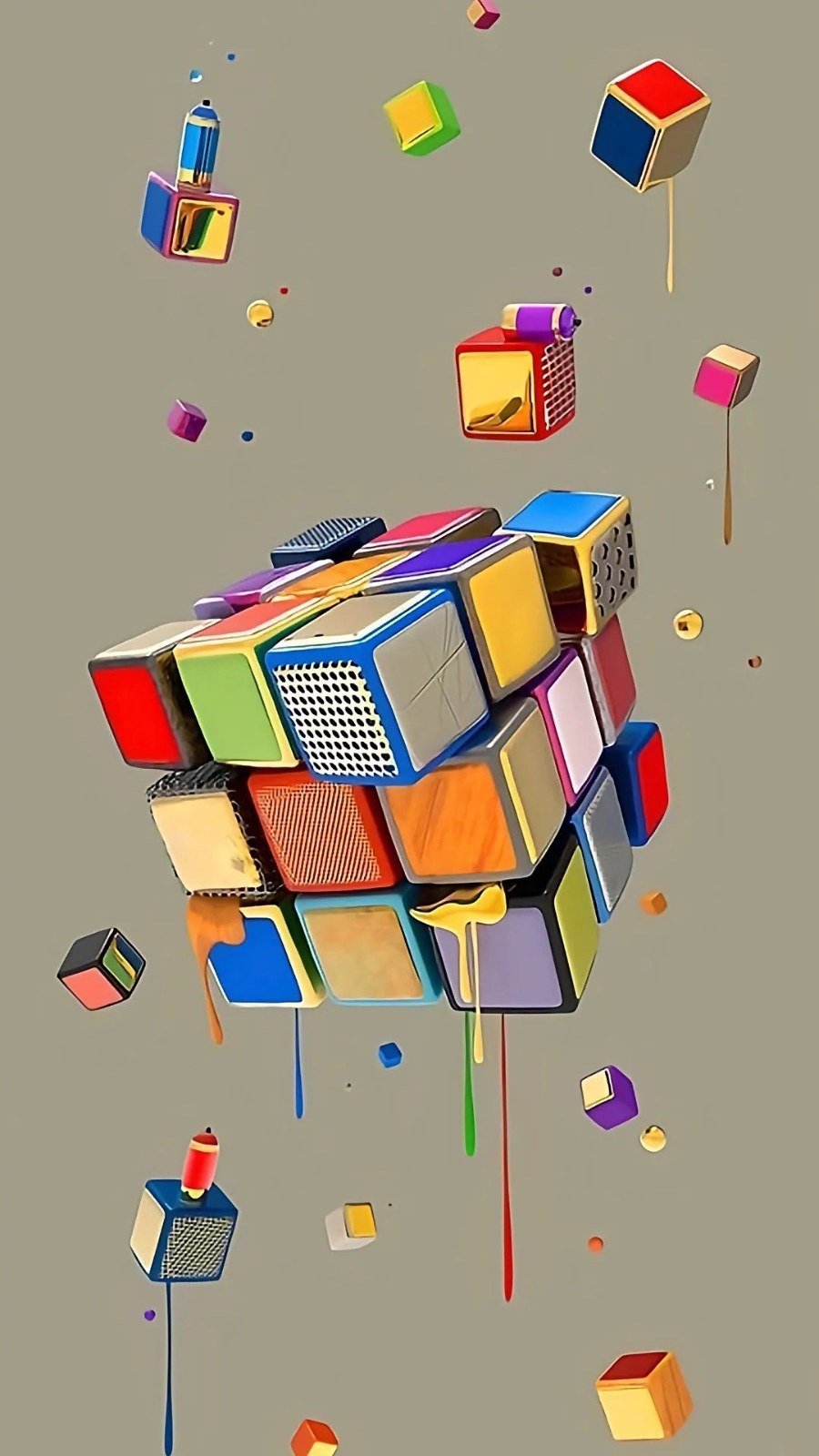 A colorful geometric structure floats in the center