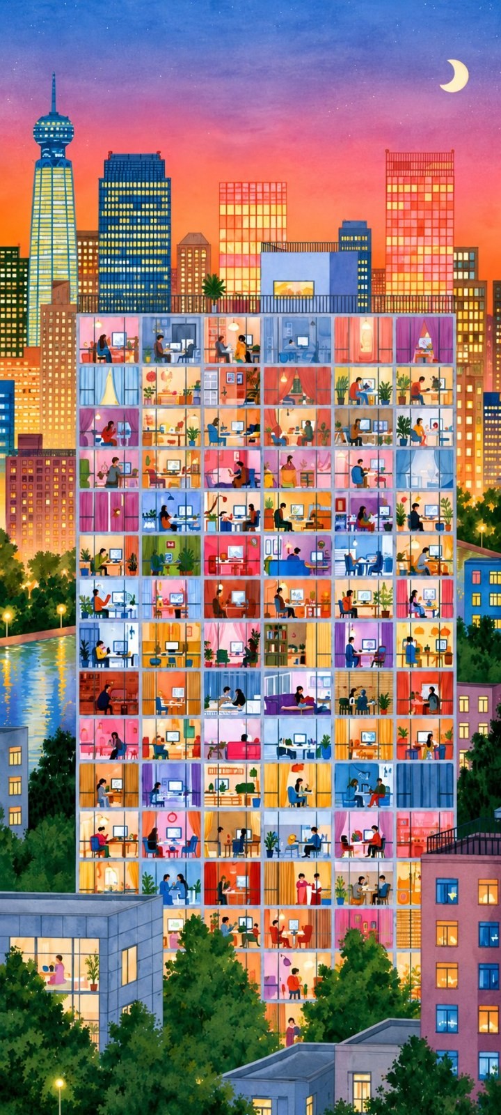 Vertical city night illustration showing a high-rise cross-section grid with dozens of colorful rooms where people work or relax, crescent moon in pink-purple night sky, distant skyscrapers lit up, river and lush trees, warm yellow and candy-colored lights, flat detailed digital illustration style