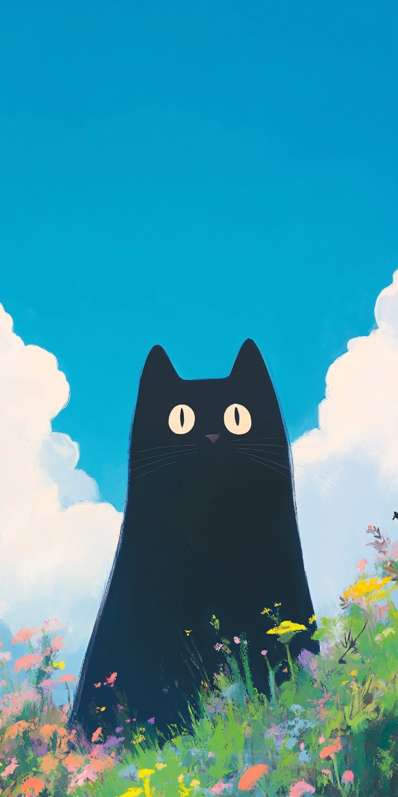 A large black cat sits among flowers