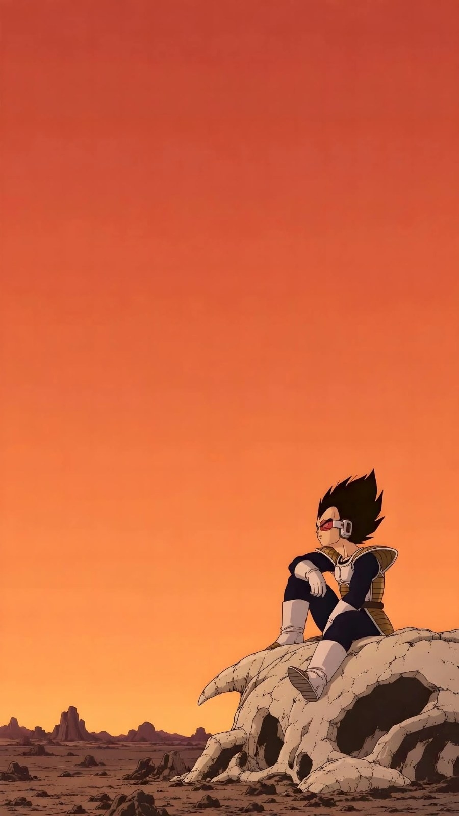 A character in a dark blue combat suit and white armor sits on a rock in the desert