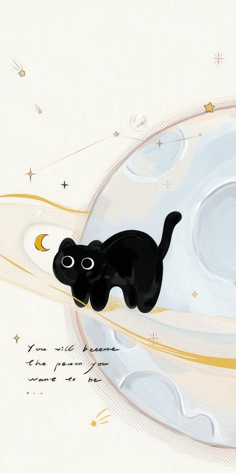 Round cute cartoon black cat on cream cloud gazing left with yellow crescent moon and stars