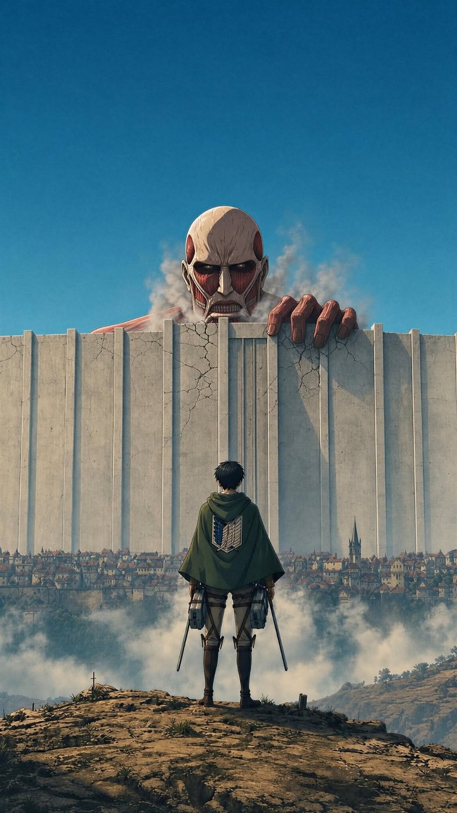 A black-haired warrior in a green cloak with dual blades gazes at a giant wall