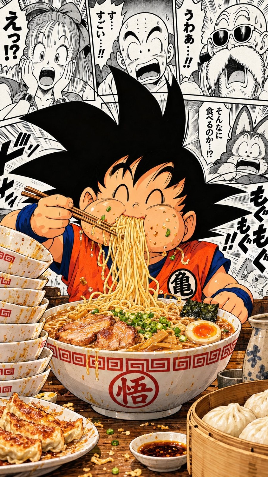 Anime boy in orange martial arts uniform enjoying ramen