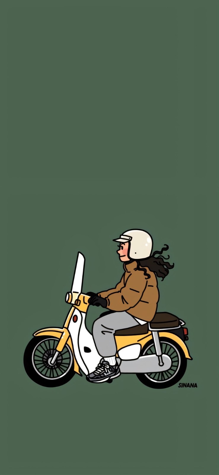 Rider in cream helmet and brown jacket sits sideways on a yellow-white retro scooter