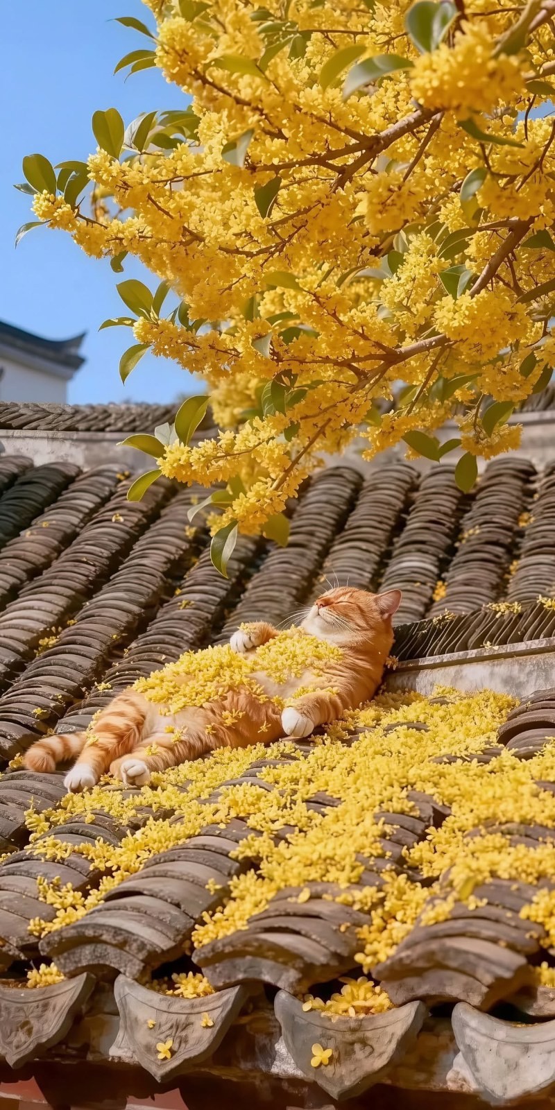 Chat orange se prélasse sur un toit chinois