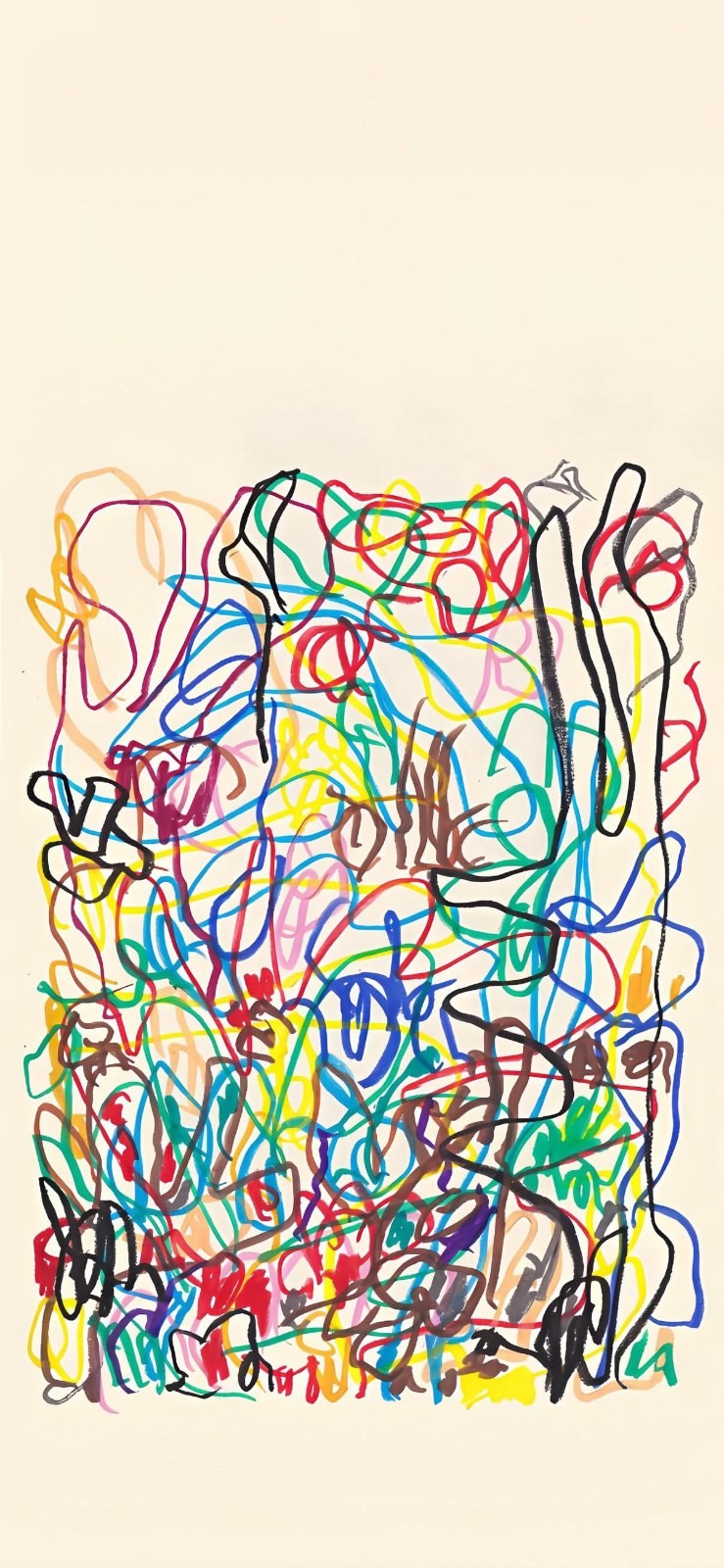 Abstract doodle art of colorful tangled lines on off-white background