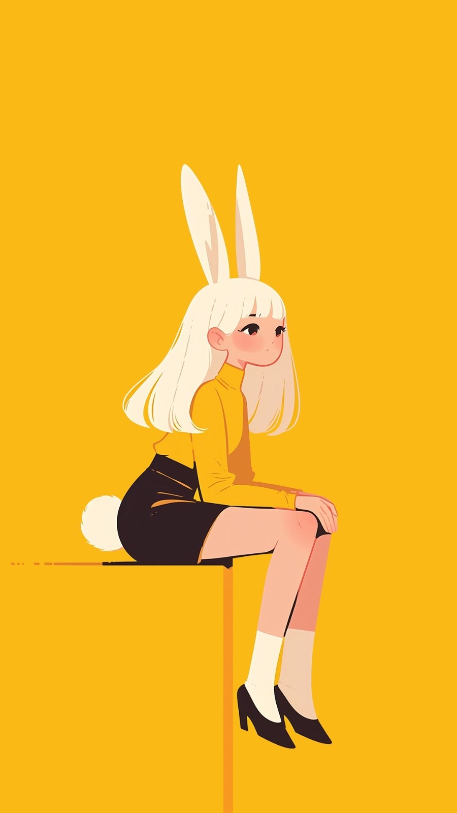 A personified girl wears a bright yellow turtleneck and black skirt