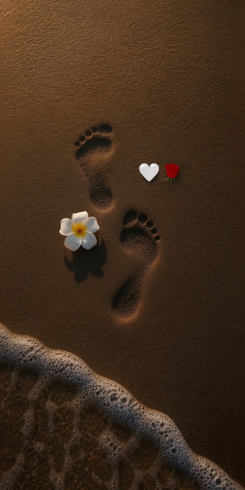 Barefoot footprints and plumeria on the beach create a romantic and serene seaside atmosphere