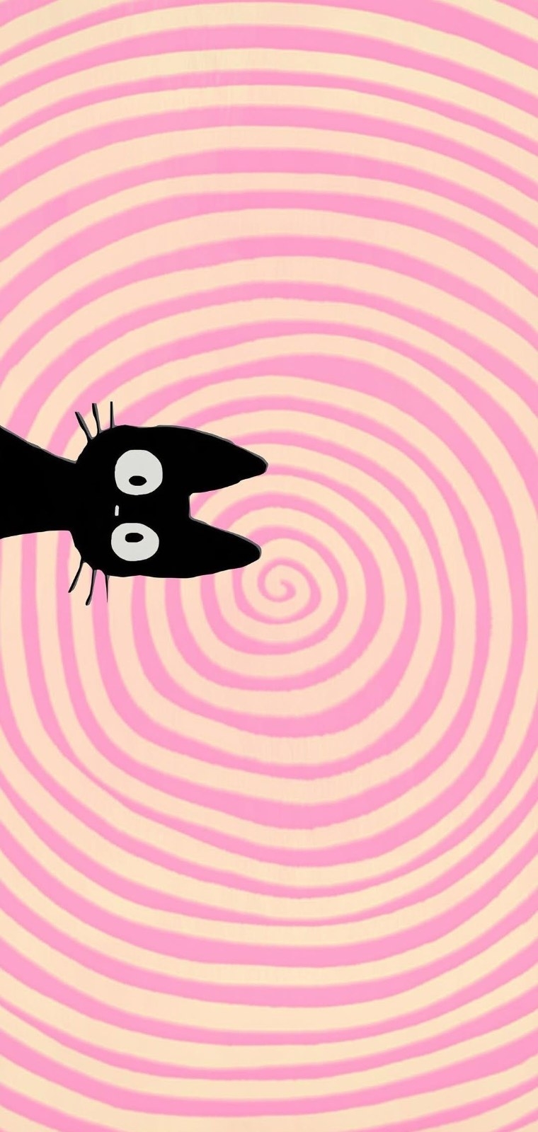 Surprised black cartoon creature on pink and yellow spiral background