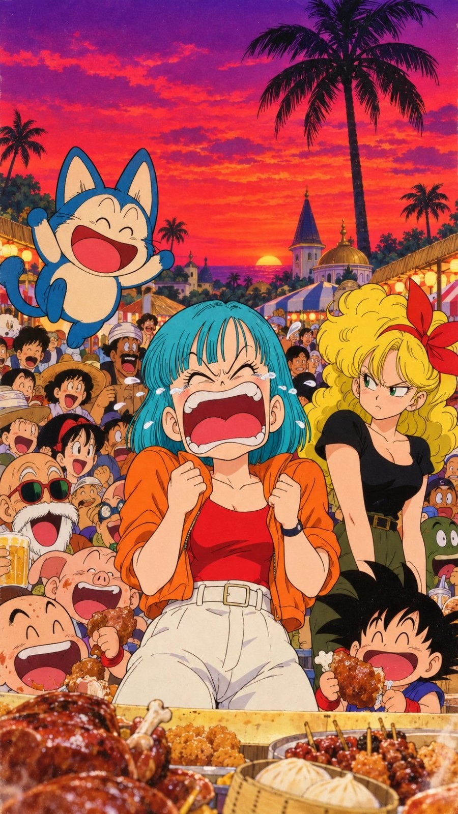 Dans un marché animé, une fille aux cheveux bleus pleure tandis que la foule réagit de manière exagérée