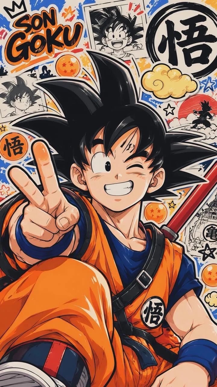 Son Goku en gi orange fait un clin d'œil et un signe V